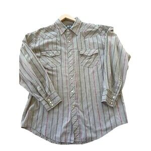 Vintage Western Pearl Snap Large Gray Chambray Striped Cowboy Ranch Wear